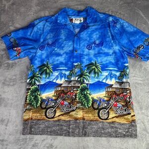 KY'S Shirt Men XL Blue Hawaiian Motorcycle Tropical button up Made in Hawaii